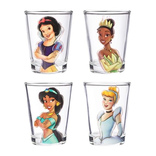 Image of Silver Buffalo Disney Princess Vintage Sketch Featuring Cinderella, Tiana, Snow White, and Jasmine 4 Pack Mini Glasses, 1.5 Ounces
