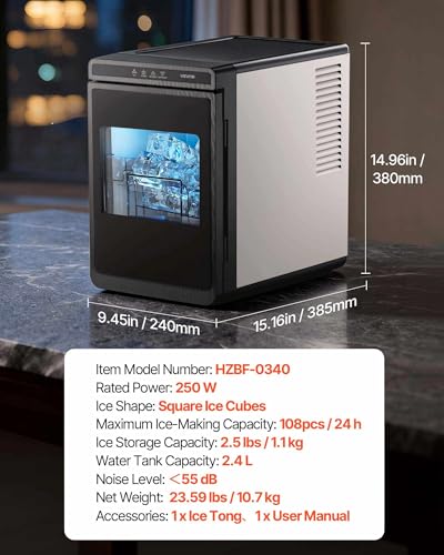 Image of VEVOR 1.6 inch Clear Ice Cube Maker, 3 Square Ice Ready in 25-35 Mins, 108 Pcs /Day, 24H Timer Ice Maker Countertop for Cocktails, Whiskey & Bourbon