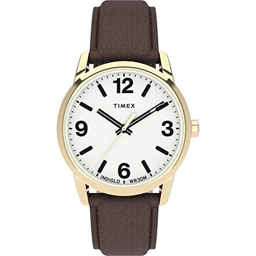Timex Men's Easy Reader Bold 38mm Watch  Gold-Tone Case White Dial with Brown Leather Strap