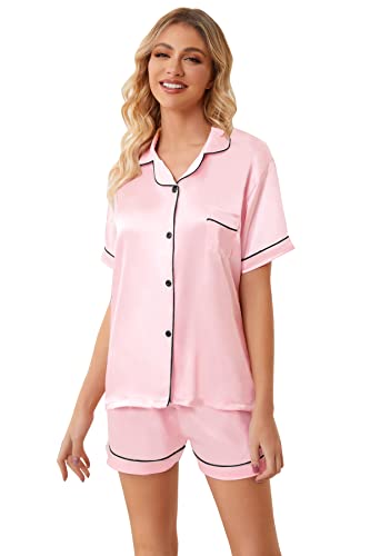 Image of Umeyda Women & Girls Pajamas Set, Soft Satin Lightweight Silk Button-Down Top with Shorts 2 Piece PJS for Mom Boys Kids Gifts