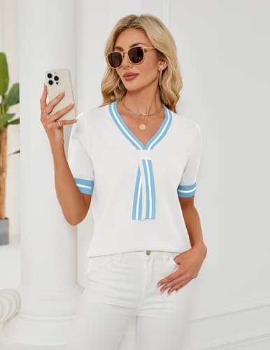 Image of Libsorge Womens Lightweight Cute Bow Tie Sweater Spring 2026 Business Casual Outfits V Neck Short Sleeve Tops