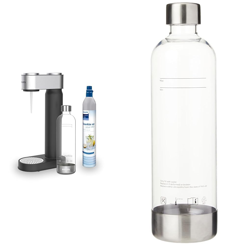 Philips Water ADD4902BK / 10 GoZero Máquina de agua con gas, plástico, 1 litro, negro + GoZero Sparkling Water Maker Bottle Botella para Sifón, 1 Liter, plástico, Transparente