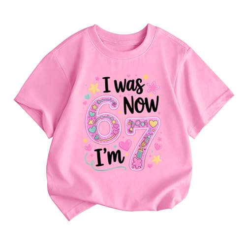 Weripoah I was 6 Now Im 7 Decorations Shirt for Girls 7th Funny Birthday Shirts Girl Six Seven Shirt for Kids(Pink 130)