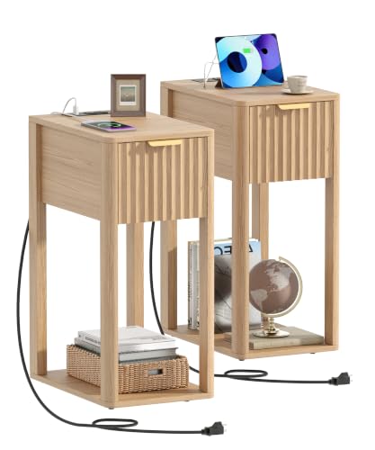 Akxomel Narrow Fluted Nightstands Set of 2 Wooden Slim Bedside Table with Charging Station Mid-Century Modern Night Stand with Drawer and Open Shelf Small Side End Table for Bedroom Natural Oak