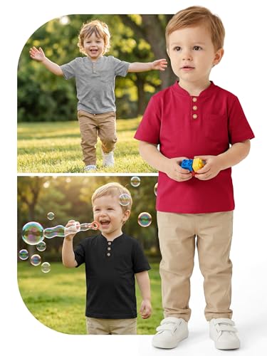 Image of Poroka 4 Pack Baby Boys and Toddlers Cotton Short-Sleeve T-Shirts Pocket Button Crew Neck Tee Short-Sleeve Shirts