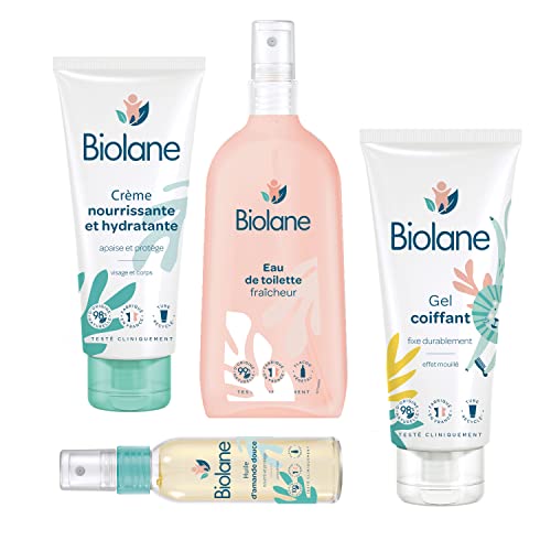 BIOLANE - Kit Soins Bébé - Crème hydratante - Eau de toilette - Gel coiffant - Huile d'amande douce - Coffret Bébé - Peaux Sensibles - Dès la naissance - Fabriqué en France