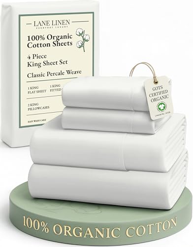 Image of LANE LINEN 100% Organic Cotton King Bed Set, 4-Piece Cotton Bed Sheets, Crisp Percale Weave, Ultra Soft Bedding Sets & Collections, 15 inch King Size Sheets Deep Pocket Set - Glacier Grey