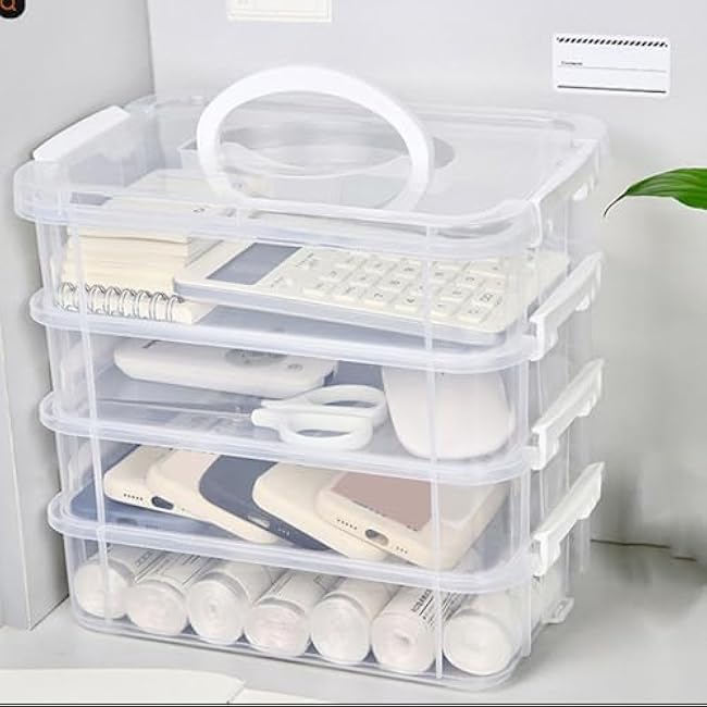 PUSOKEI Stack Carry Storage Box, Stackable Storage Container Box Versatile Transparent with Lid for Office for Home (White)
