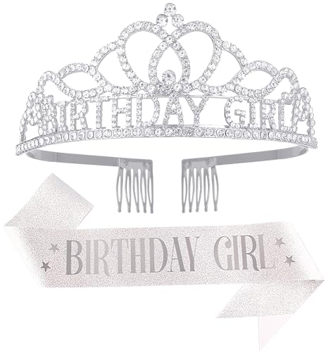 Papoopy Birthday Tiara and Crown with Sash for Women, Hair Accessories for Wedding Party Costume (A1 - Silver)