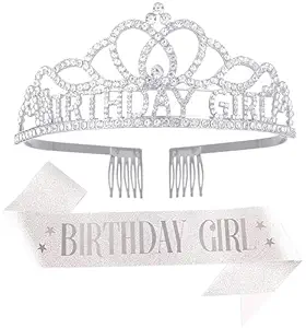 Birthday Tiara and Crown with Sash for Women, Hair Accessories for Wedding Party Costume (A1 - Silver)
