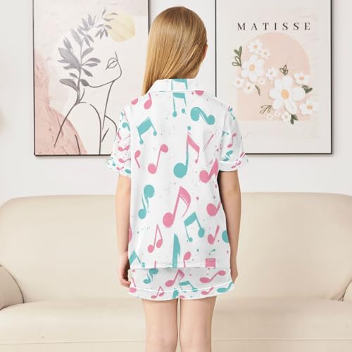 Satin Pajama Sets Short Sleeve Musical Notes in Colors Button Down Silky Nightwear 2 Piece PJS 5-14Y4