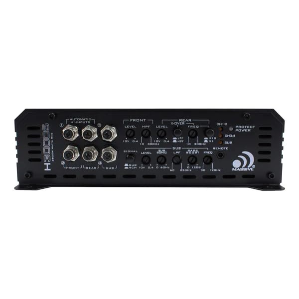 Image of Massive Audio H3000.5 | 5-Channel - 300W RMS x4 @2 Ohm + 1500W RMS Sub @1 Ohm, Class D Full-Range Car Amp, Dual Power Inputs & 3-Way Protection - Hippo Series Amplifier