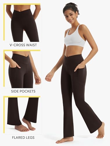 Image of Maxbee Flare Yoga Pants with Pockets for Women, V Crossover Flare Leggings Tummy Control, High Waist Bootcut Yoga Leggings