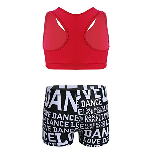 Kids Girls Two Pieces Sports Dance Outfit Crop Tops Bra with Shorts Set Gymnastics Athletic Leotard Swimwear Red&Black 7-82