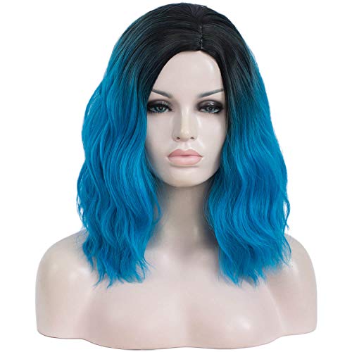 TopWigy Blue Wavy Wig Teal Wigs for Women Black to Blue Ombre Wig 14 Inches Heat Resistant Synthetic Wig Short Blue Wig for Cosplay Costume Party Halloween