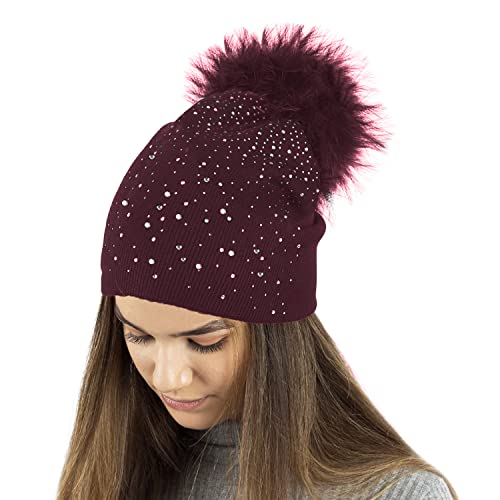 TOSKATOK Ladies Fine Knit Winter Beanie Hat with Diamante Glitter Applique and Large Faux Fur Pompom-1