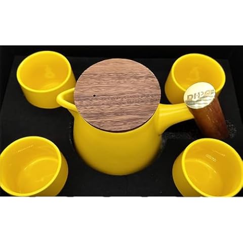 DHPO Ceramic Teapot with 4 Teacup, Coffee Servers with Teapot and Pottery Tea Sets with T-Wooden Handle for Women Gift (Yellow) Cover