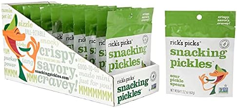 Rick’s Picks Snacking Pickles, Sour Pickle Spears; Gluten-Free, Vegan, Non-GMO Project Verified, Kosher, Healthy Snack On-the-Go; Tray of 12 Pouches