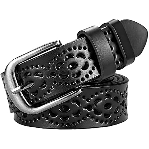 Women's Hollow Flower Leather Belt for Jeans Pants Wide Belt for Ladies (Black, Suitable for waist size 25-39") Cover