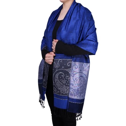 Women Tow Tone Pashmina Reversible Paisley Shawl Wrap Jacquard Scarf w/Fringes2