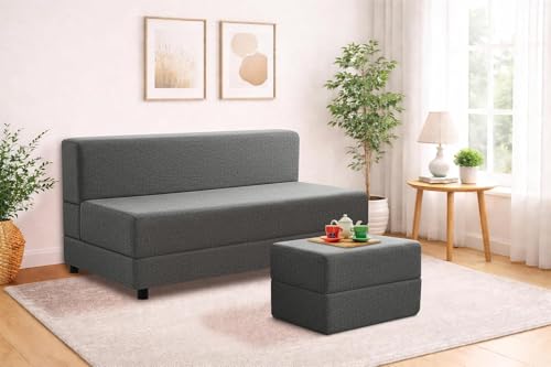 Image of 3-Seater Sofa Cum Bed with Ottoman, 5x6 Ft Folding Design in Jute Fabric, Space Saving Convertible Furniture for Living Room & Guest Use - Grey