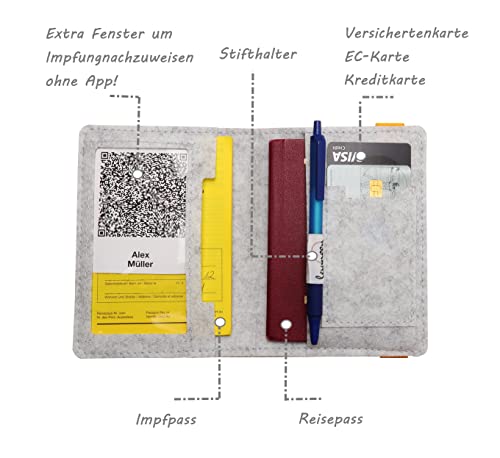 leymoon - Set Impfpass Hülle aus hochwertigem Filz perfekt zum Schutz von Impfausweis und Reisepass. Geeignet für Kinder und Erwachsene.(93 mm x 130 mm (Impfpasshülle GRAU) …
