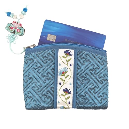Seoulful Vintage Korean Embroidered Card Pouch - Wildflower Design Coin Purse with Butterfly Charm - Traditional Korean Chuseok Gifts (Light Pink)4