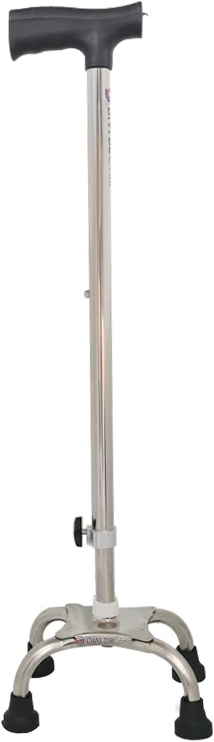 Adjustable Tripod Walking Cane with 4 Non-Slip Rubber Feet | Walking Stick for Seniors, Elderly, Disabled, Wounded (Silver)