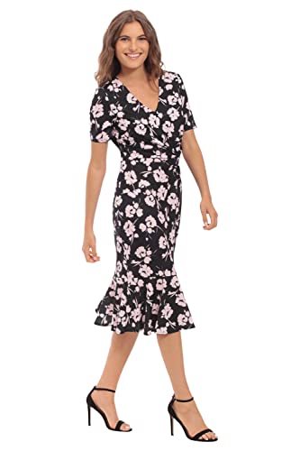 Image of London Times Women's V-Neck Dress - Flounce Hem, Twist Waist, Elegant Office & Event Wear