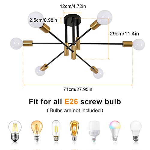 Goeco Modern Sputnik Chandelier Light Fixture, 6 Lights Mid Century Semi Flush Mount Ceiling Light, Adjustable Arm Pendant Ceiling Lighting For Living Room Bedroom Kitchen Dining Room Hallway #TOP1