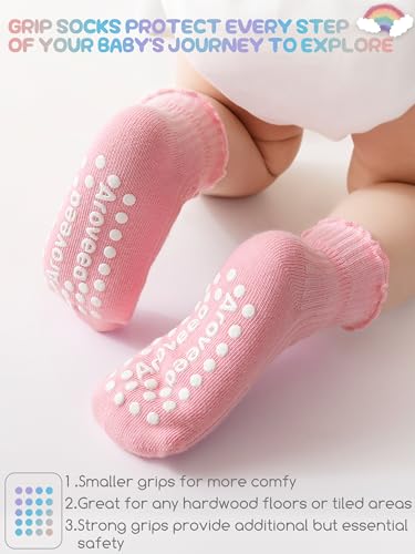Image of Baby Toddler Girls Socks Grip Ruffle Non Slip Kids Cotton 12 Pack Socks | PREMIUM soft COTTON,full anti-slip grips,6month-7t grippy crew socks for girls,daily school all season wear,cute ruffle