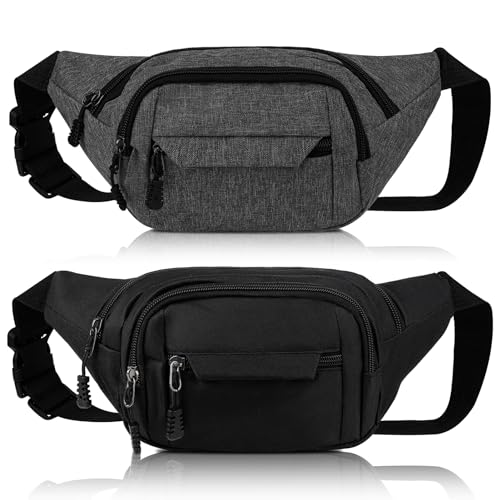 Meng Jiaran Paquete de 2 riñoneras para hombres y mujeres, impermeables, 4 bolsillos con cremallera, ajustables para deportes, correr, caminar, viajes, ciclismo, color negro y gris, negro, gris,