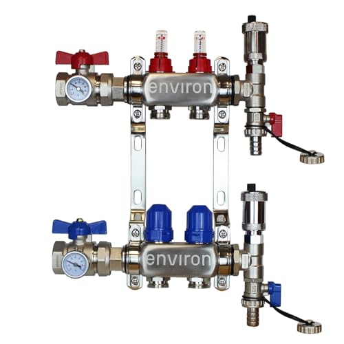 ENVIRON- Heizkreisverteiler [2-12 Heizkreise] mit Kugelhahn Set und Schnellentlüfter Set | Fußbodenheizung Heizung (2 Heizkreise)