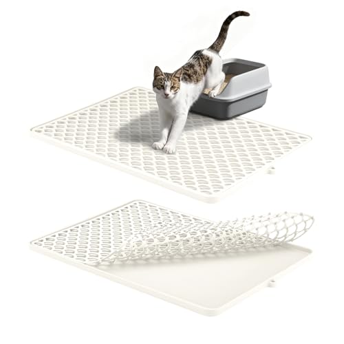 Premium Double-Layer Silicone Cat Litter Mat – Non-Slip, Waterproof & Easy-to-Clean Litter Trapping Mat for Cats, 18x12.5 Inch （Off-White）