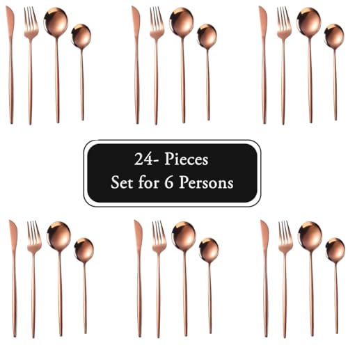 Image of Stainless Steel Rose Gold Cutlery Set for 6 Person with Gift Box 24 Pieces Mirror Finish Luxury Premium Flatware Set for Dining Table Hotel Cafe Bar Restaurant House Warming Gifts