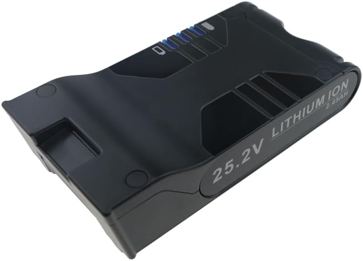 Top-down view of the DCH replacement battery, showing the 25.2V Lithium Ion label and charge indicator lights.