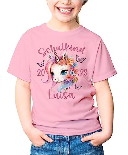 SpecialMe® Kinder T-Shirt Mädchen Einhorn Schulanfang 2025 Schulkind personalisiert mit Wunschname und Jahreszahl Rosa 122-128 (7-8 Jahre)
