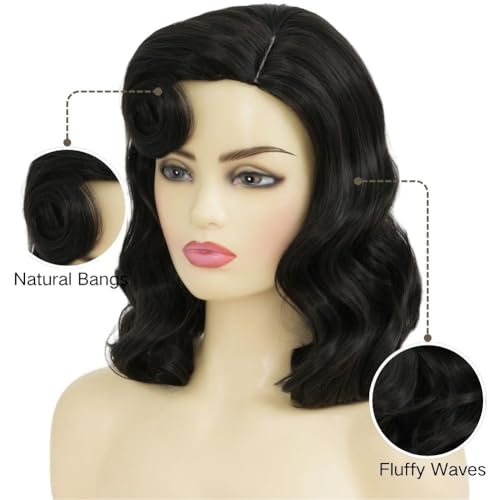 Image of Swiking Black Curly Vintage Wig for Women 1950s Hollywood Big Wave Wig Retro Victory Rolls Synthetic Wig for Halloween Cosplay Daily Wear