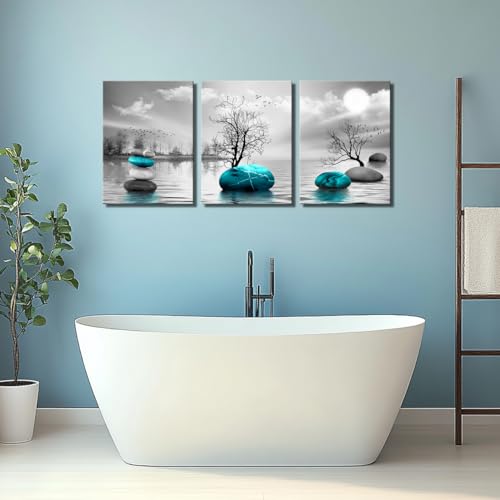 Canvas Wall Art for Living Room Bathroom Bedroom Wall Decor Black and White Wall Paintings Modern 3 Piece Wall Art Trees and Stones Framed Canvas Art Prints Abstract Teal Blue Pictures Home Decor