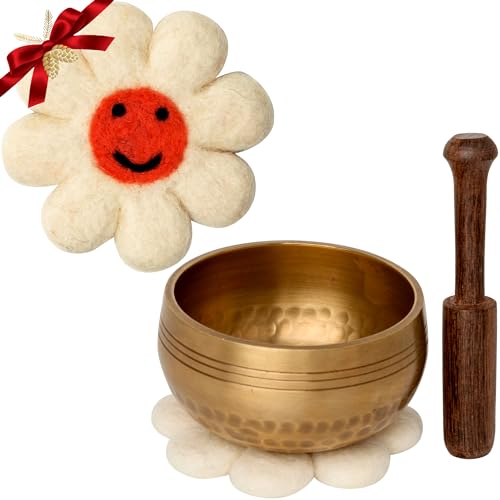 Ohm Store Pure Bronze Singing Bowl Set — Hand Crafted Tibetan Sound Bowl for Meditation and Mindfulness Practices — Little Ohmies Sprout Character Pillow for Kids, Teens, and Adults
