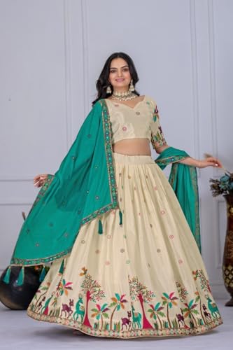 Image of Women Heavy Chinon Silk Stitched Lehenga Choli Set With Multicolor Embroidery And Dupatta Set