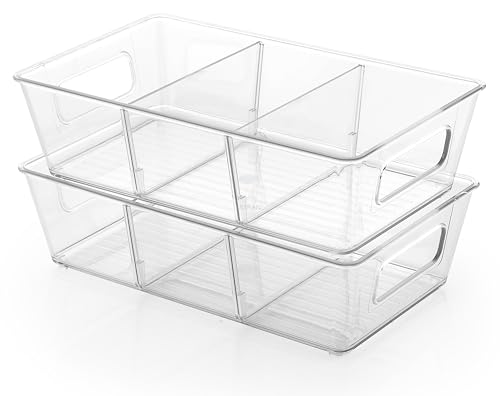 Image of Xiran Fridge Storage Boxes Organizer Bins, 3 Partition Stackable Fridge Storage Basket, Plastic Freezer Storage Containers for Fish, Meat, Vegetables, Fruits (Pack of 2, Transparent)