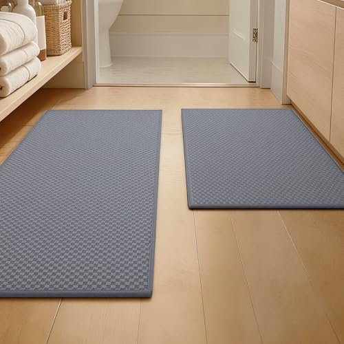 YIHOUSE Bathroom Rugs Sets 2 Piece Non Slip Washable, Absorbent Quick Dry Bath Mat Set, Weave Texture Low Profile Bath Rugs, Floor Mats for Bathroom, Tub & Shower (17"x24" + 17"x32", Light Grey)