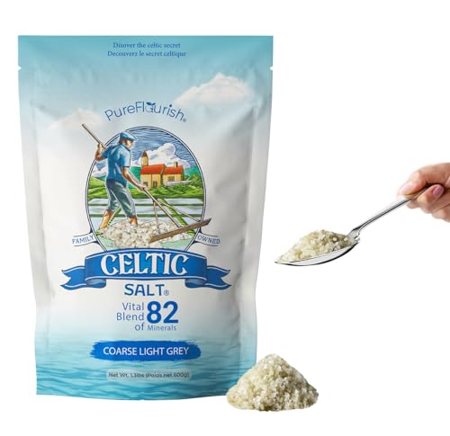 Pure Flourish Celtic Salt - 600g | 100% Organic Unrefined Celtic Salt | Rich in 82+ Essential Minerals | Hand Harvested Light Grey Celtic Salt Crystals from France