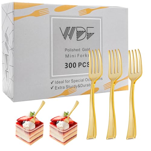 WDF Disposable Plastic Mini Forks 300 Pieces 4 Inches | Gold Plastic Forks | Thanksgiving Heavy Duty Plastic Tasting Forks | Perfect for Small Appetizers and Desserts for Wedding/Party/Birthday