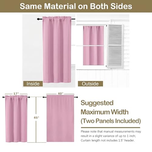 Image of Pink Short Blackout Curtains for Bedroom 45 Inches Long 2 Panels Set, Solid Thermal Insulated Blackout Curtains, Energy Saving Soft Fabric Window Drapes, Dual Rod Pocket, 2x40Wx45L Inches