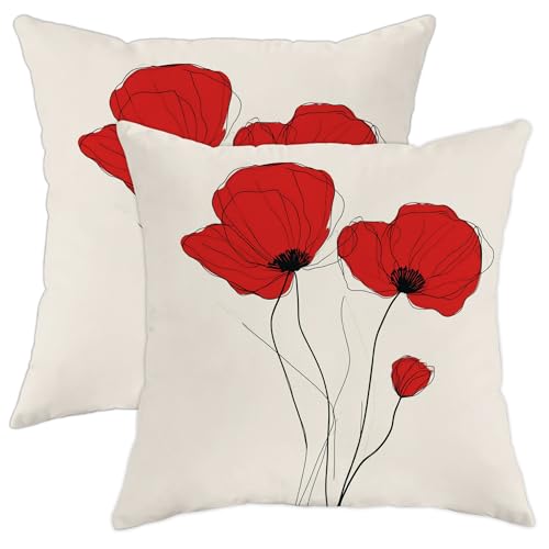 Lot de 2 housses de coussin carrées décoratives pour maison, canapé, lit, canapé, 40,6 x 40,6 cm, coquelicot rouge
