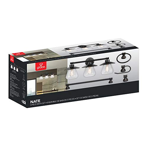 Globe Electric 51496 Nate 5-Piece All-In-One Bathroom Set, Oil Rubbed Bronze, 3 Vanity Light With Clear Glass Shades, Bar, Towel Ring, Robe Hook, Toilet Paper Holder #TOP7