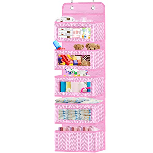 Image of VERONLY Over The Door Hanging Organizer with 5 Large Pockets - Wall Mount Pantry Storage with 2 Big Metal Hooks for Baby Girl’s Diapers Closet, Bathroom, Nursery, Bedroom, Dorm, Baby, Kids Toys (Pink)