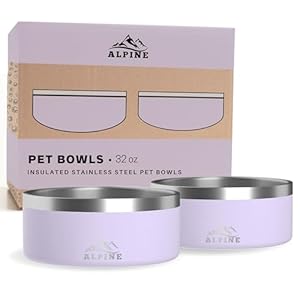 ALPINE Set of 2 Stainless Steel Dog Bowls, Non Slip, Metal Pet Bowl for Food and Water, Double Walled Insulated, Rustproof, Dishwasher Safe (32 oz, Lavender)